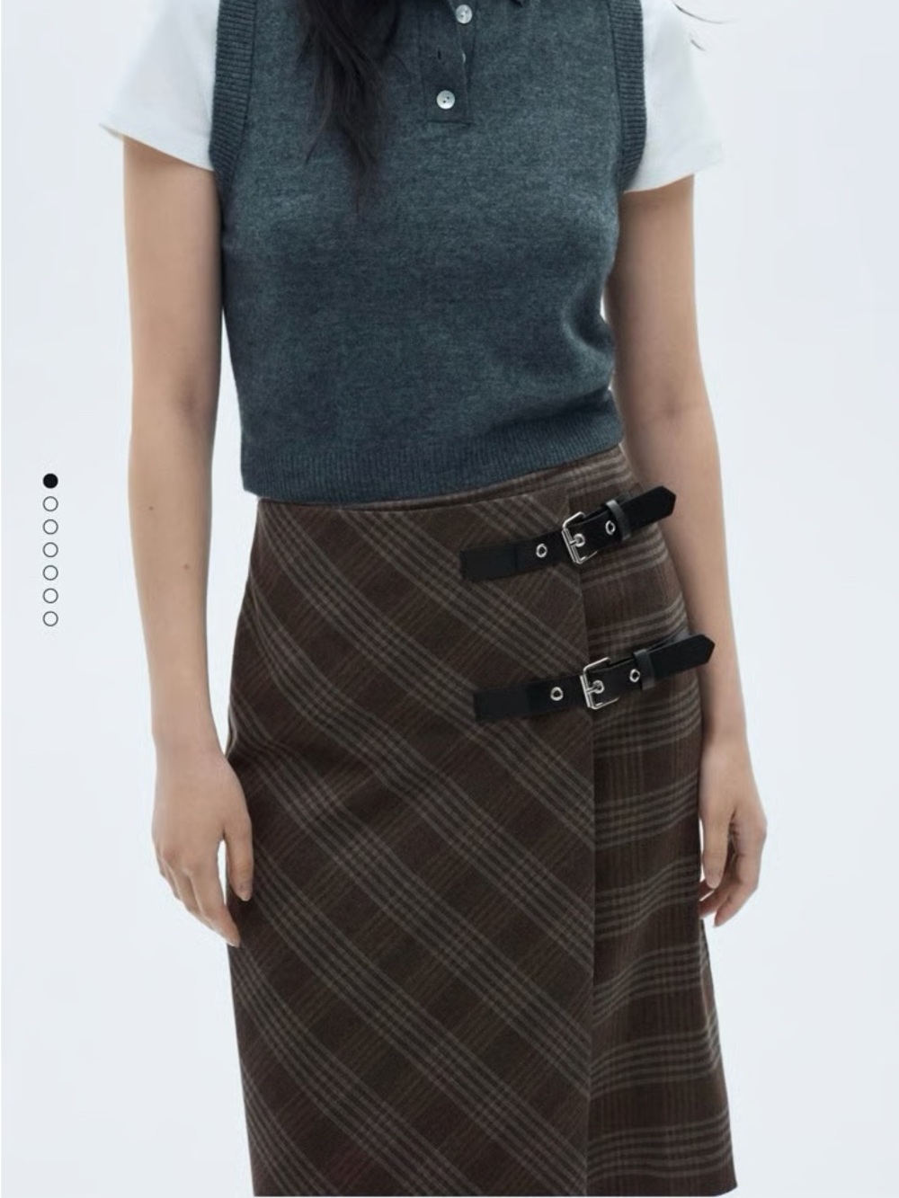 Mango Brown Plaid Midi Skirt with Buckle Straps